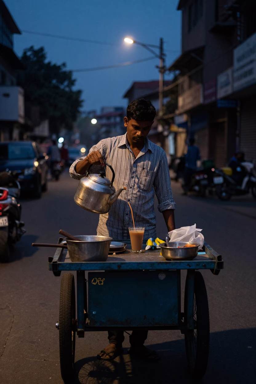 Mumbai India street vendor preparing chai tea in predawn darkness with steaming kettle in in Mumbai, India