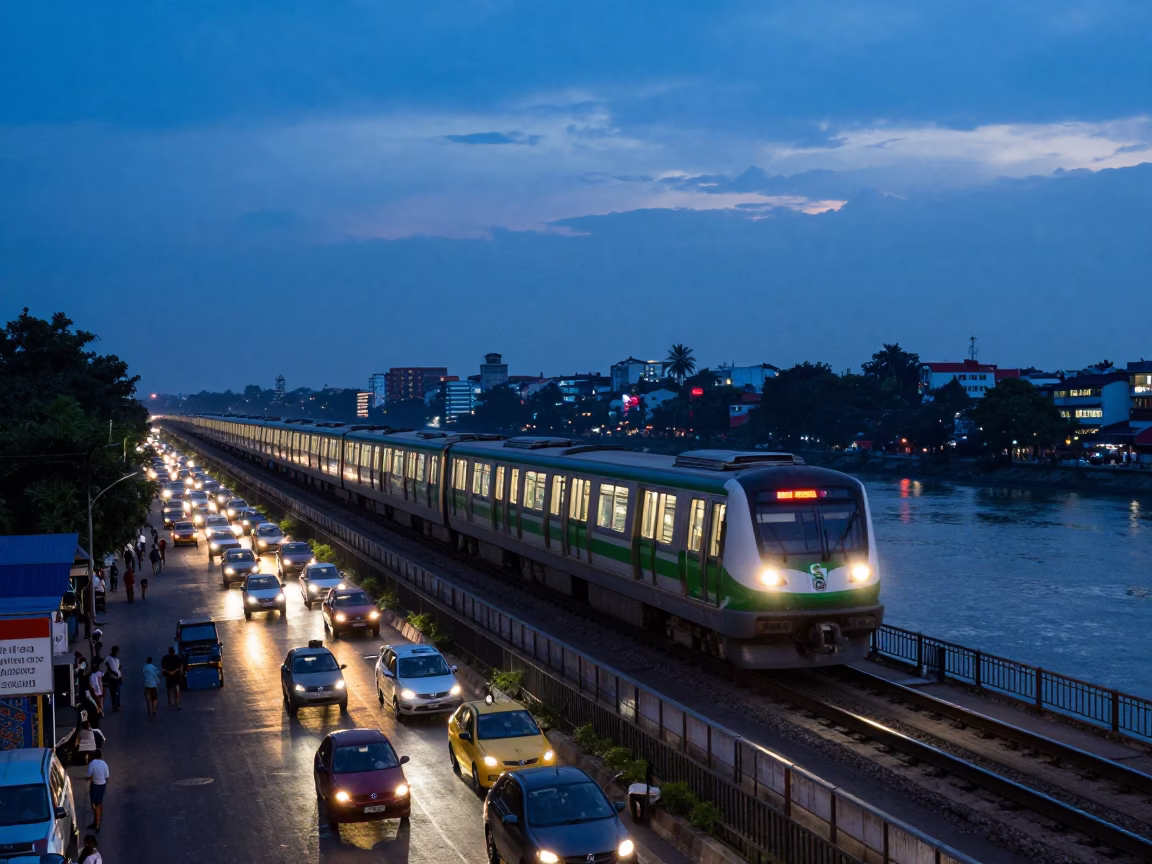Mumbai Indigo Twilight Monorail Sweeping Over River Street Life in in Mumbai, India