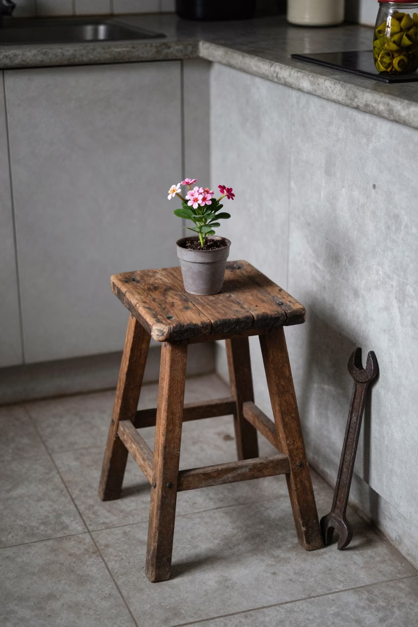 Mumbai Kitchen Stool Near Flowering Plant and Wrench Under Overcast Sky in in Mumbai, India
