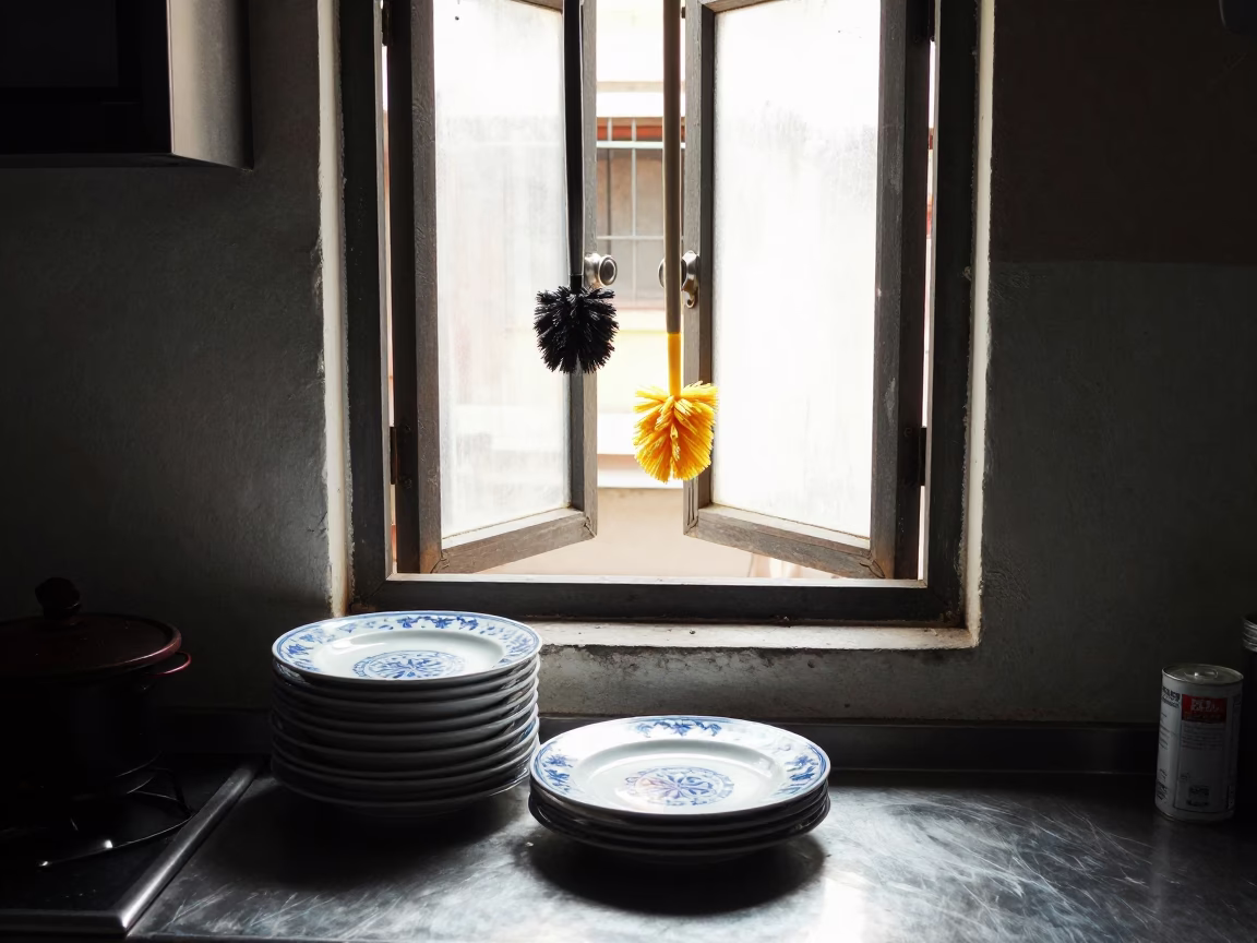 Mumbai kitchen window view with dish brushes and grease sheen at noon in in Mumbai, India