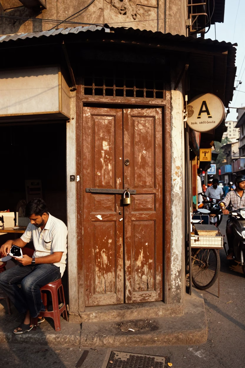 Mumbai Late Afternoon Street Scene with Padlock and Sewing Tool in Authentic 1990s Setting in in Mumbai, India