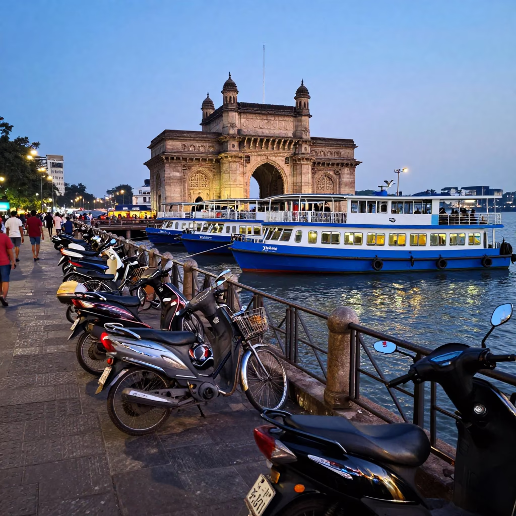 Mumbai Local Train Ferry Dock at Blue Hour with Bicycles and Scooter in in Mumbai, India