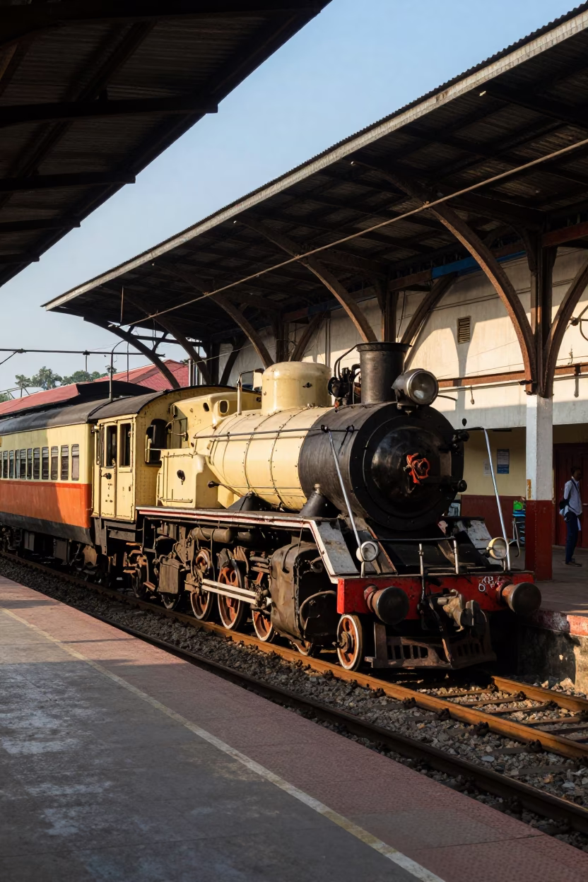 Mumbai Local Train Station Platform with Vintage Steam Locomotive and Street Vendors in in Mumbai, India