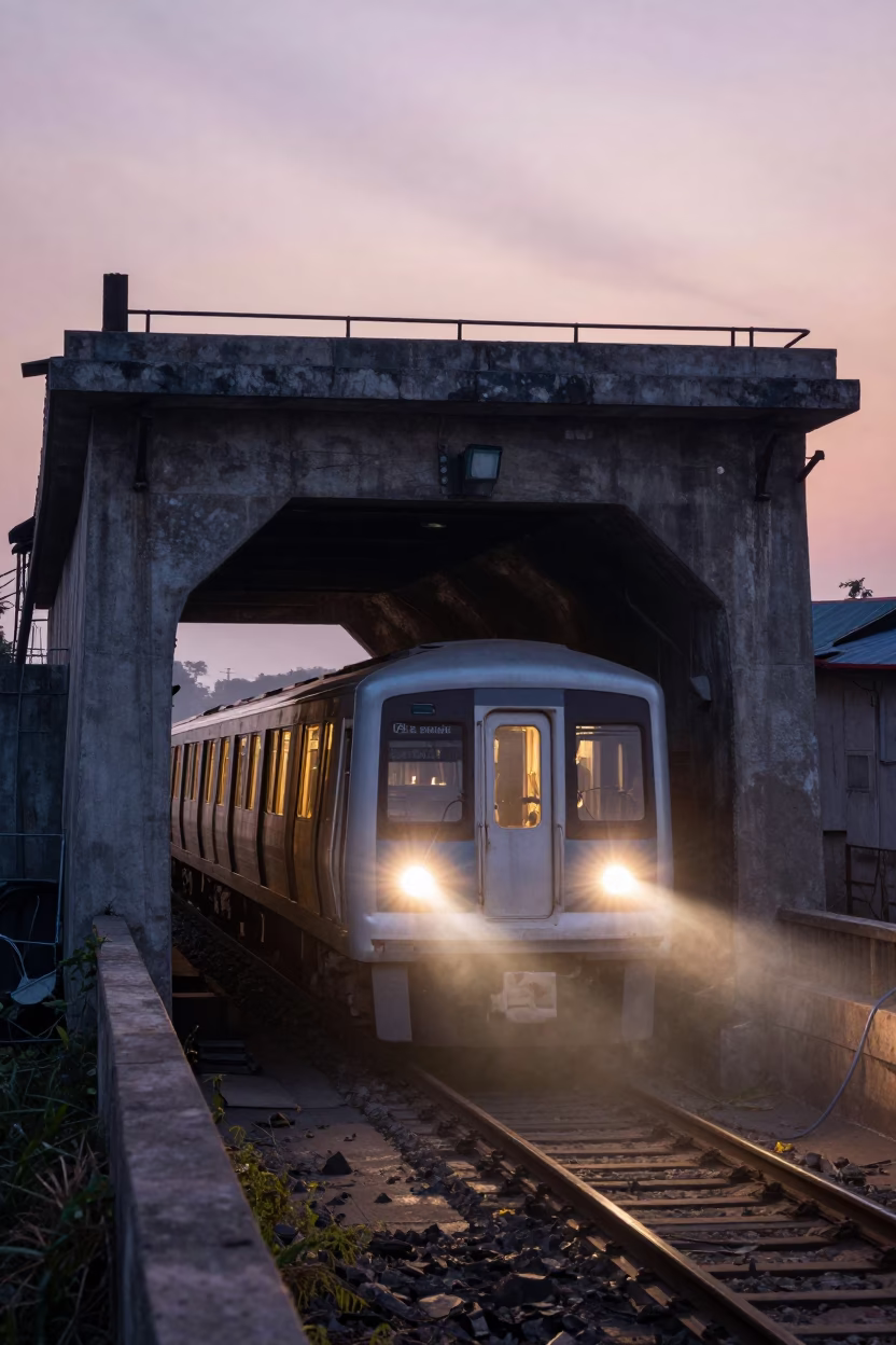 Mumbai Metro Train Emerging from Tunnel at Nautical Dawn with Urban Shadows in in Mumbai, India