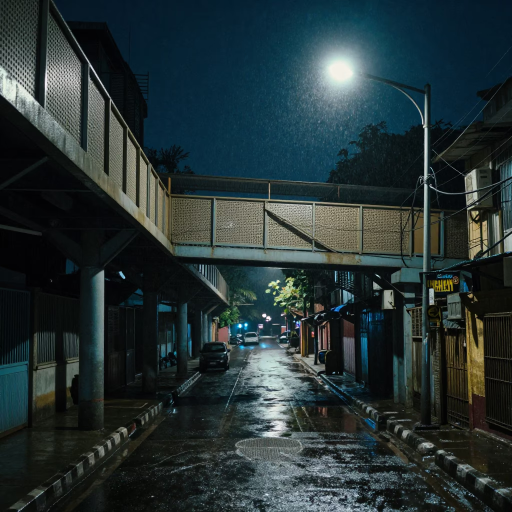 Mumbai Midnight Street Scene with Pedestrian Overpass and Wet Footsteps in in Mumbai, India