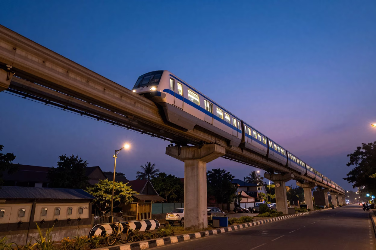 Mumbai Monorail Crossing High Above Street Level at Nautical Dawn with Urban Silhouette in in Mumbai, India