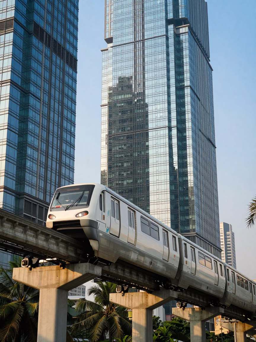 Mumbai Monorail Gliding Past Glass Towers and Palm Trees in Clear Late Afternoon Light in in Mumbai, India