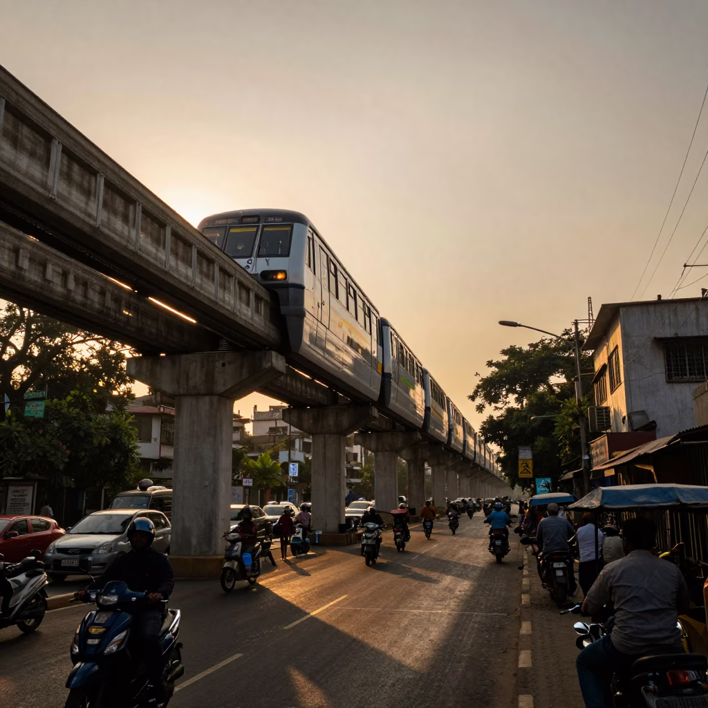 Mumbai Monorail Over Busy Street at Golden Hour With Local Street Vendor in in Mumbai, India