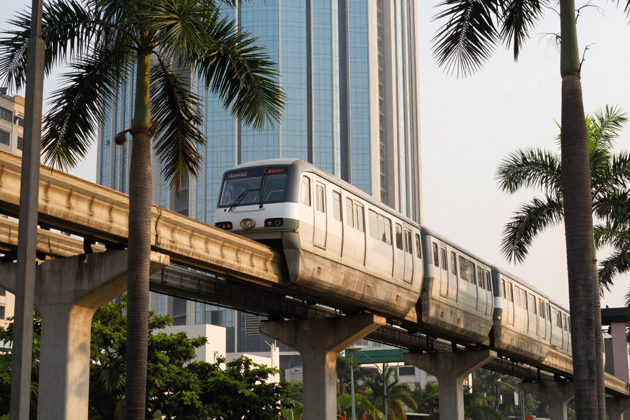 Mumbai Monorail Passing Palm Trees and Glass Towers in Late Afternoon Light in in Mumbai, India