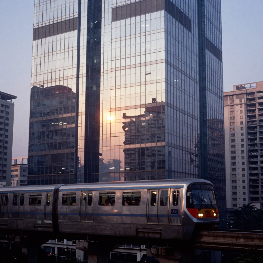 Mumbai Monorail Reflected in Glass Skyscraper at Nautical Dawn with City Traffic in in Mumbai, India