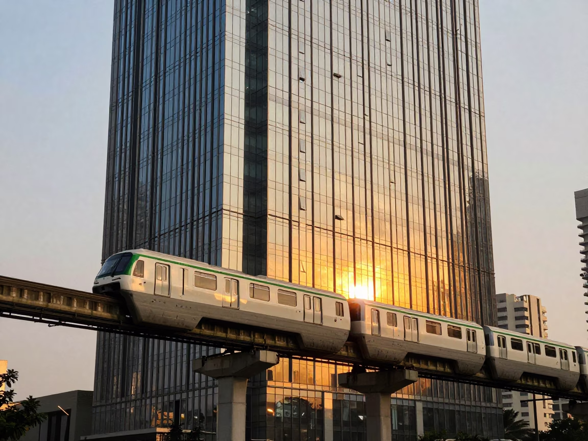 Mumbai Monorail Reflection in Glass Skyscraper During Golden Hour Sunset in in Mumbai, India