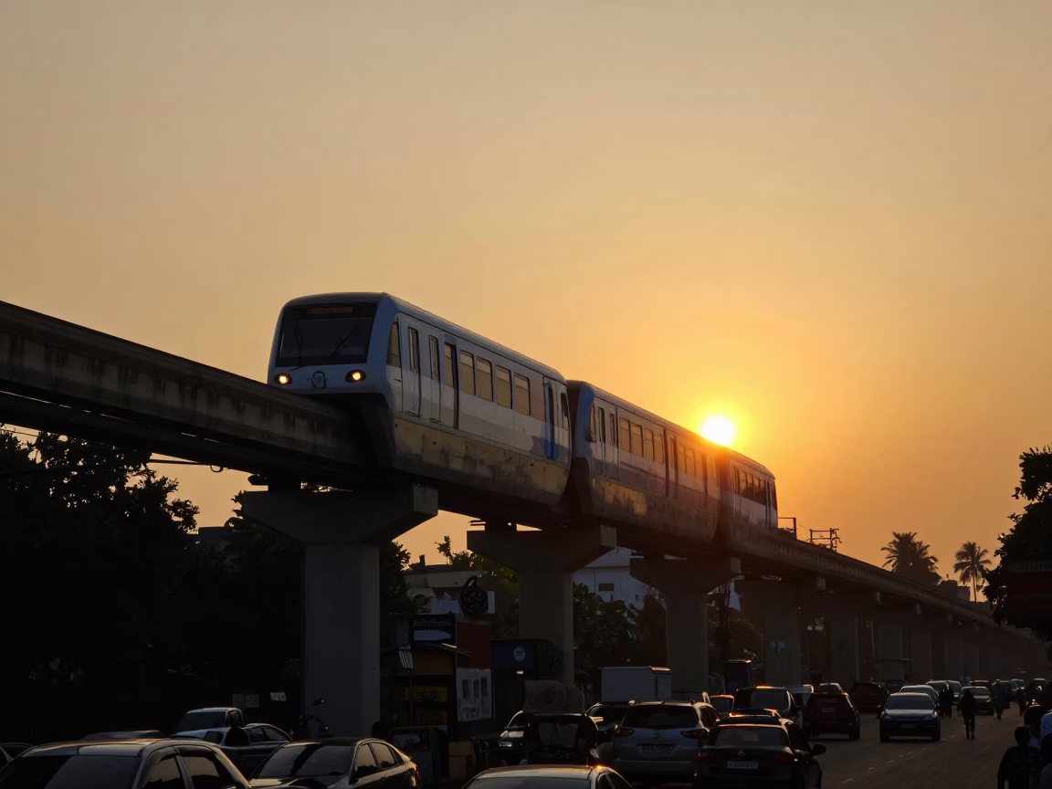 Mumbai Monorail Silhouette Against Golden Sunset Sky Over Busy City Street in in Mumbai, India