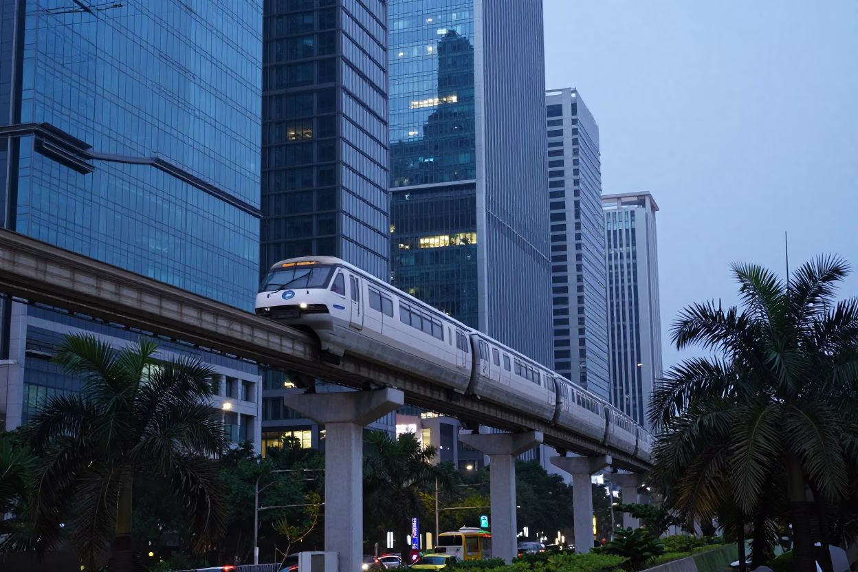 Mumbai Monorail Twilight Scene with Palm Trees and Glass Towers in in Mumbai, India