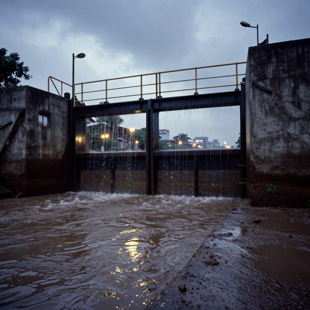 Mumbai Monsoon Sluice Gate Dripping Water in along a levee path above floodwater in Mumbai