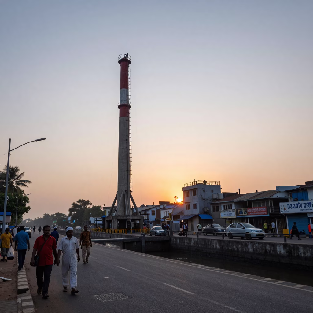Mumbai Nautical Dawn Street Scene with Pumping Station and Local Commuters in in Mumbai, India