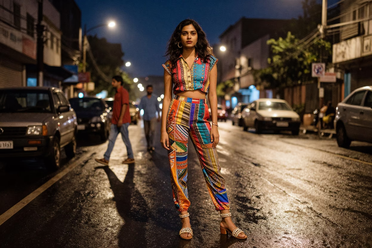 Mumbai Night Street Fashion Portrait with Beaded Sandals and Neon Lights in in Mumbai, India