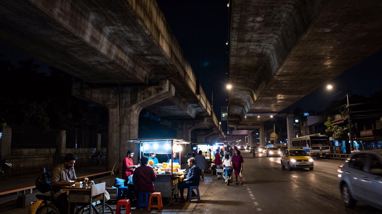 Mumbai Night Street Scene Under Flyover with Food Vendor and Traffic Shadows in in Mumbai, India