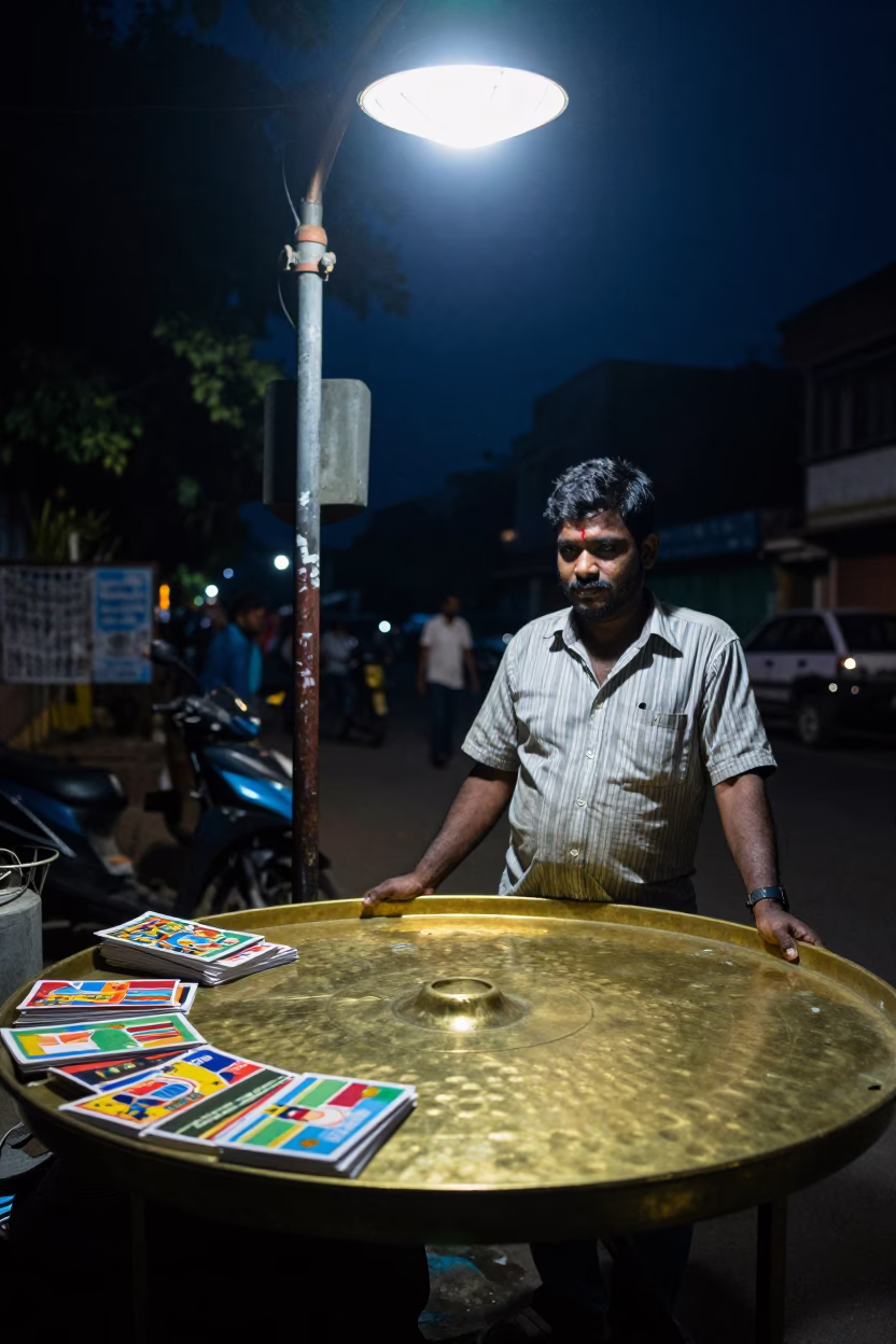 Mumbai Night Street Scene with Brass Tabletop and Postcards Under Deep Night Sky in in Mumbai, India