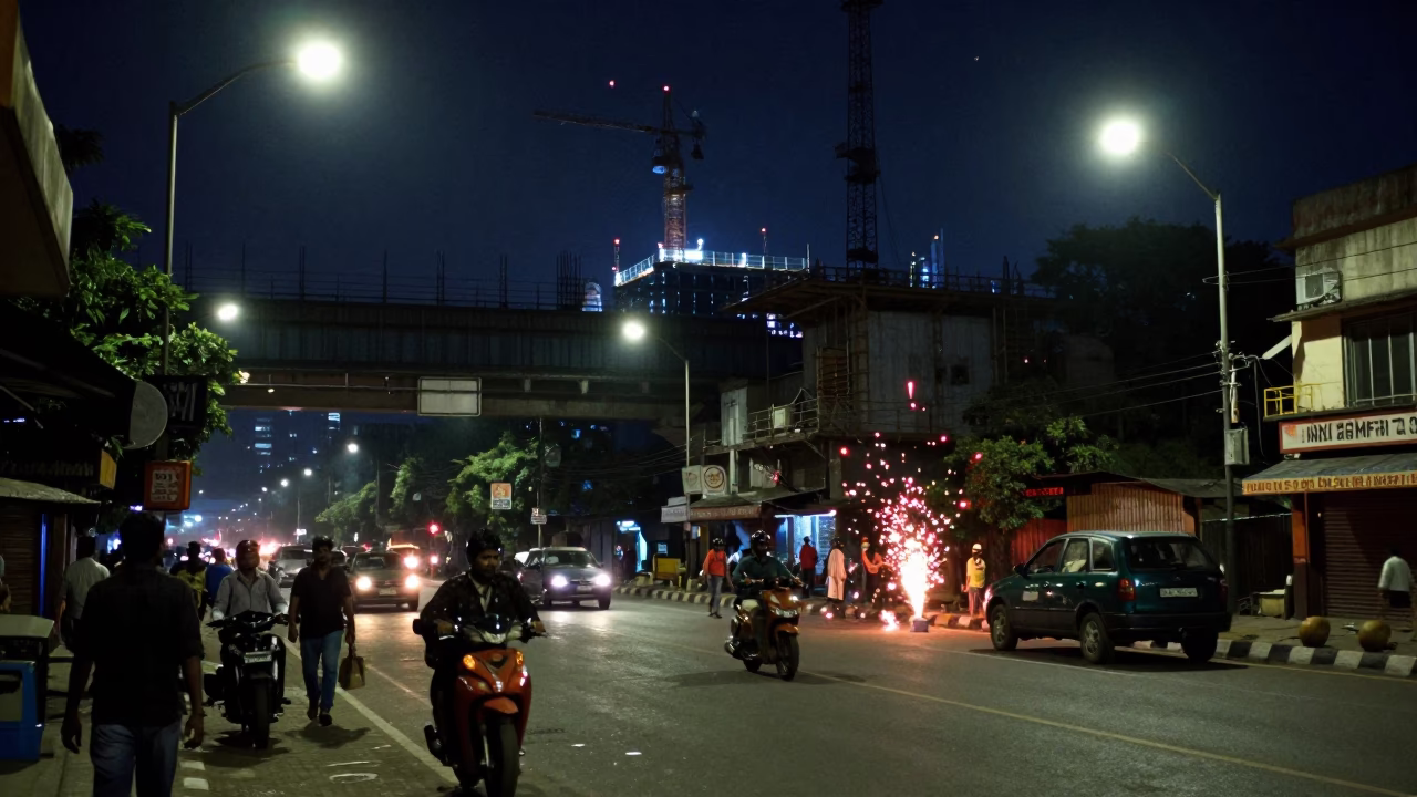Mumbai Night Street Scene with Construction Sparks and Urban Activity in in Mumbai, India