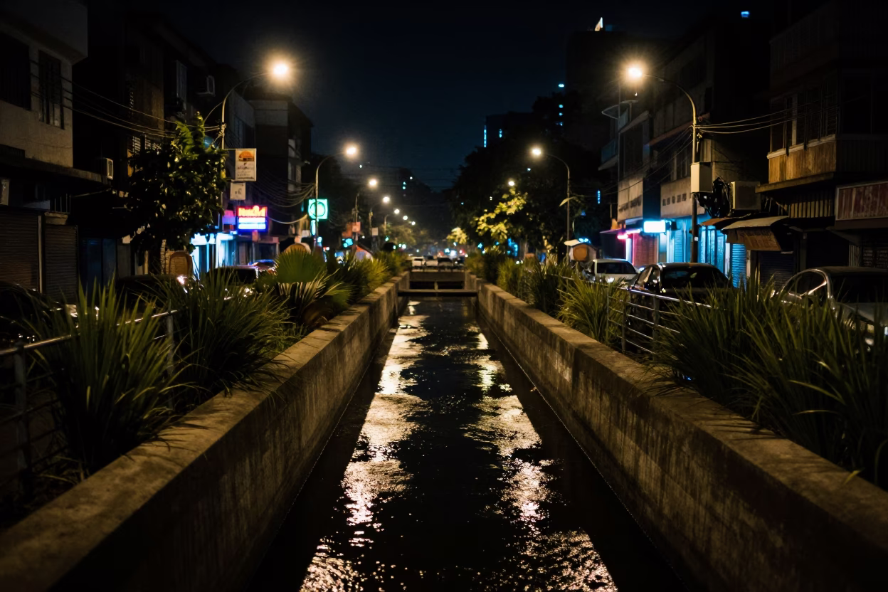 Mumbai Night Street Scene With Neon Signs And Concrete Canal At Deep Night in in Mumbai, India