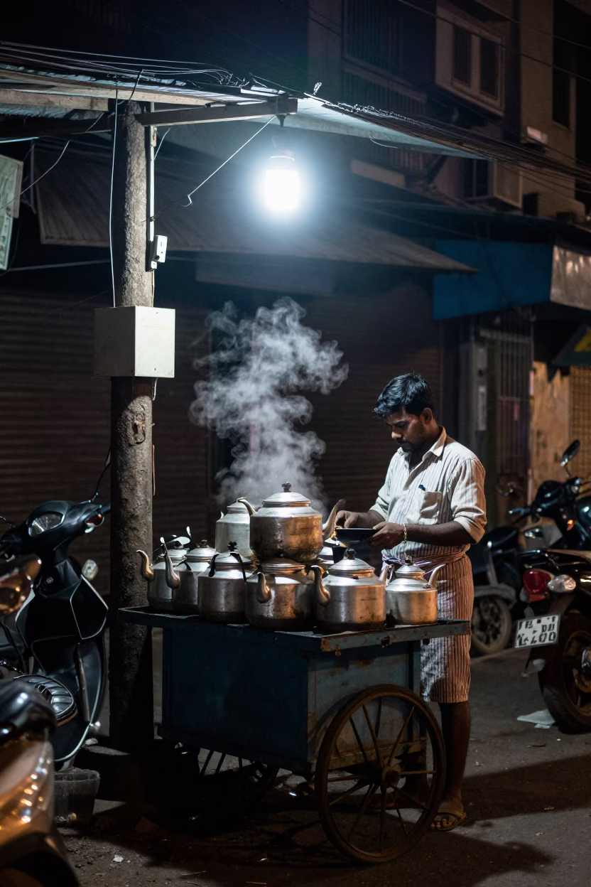 Mumbai Night Street Scene with Tea Kettles and Vintage Coffee Grinder in 1950s India in in Mumbai, India