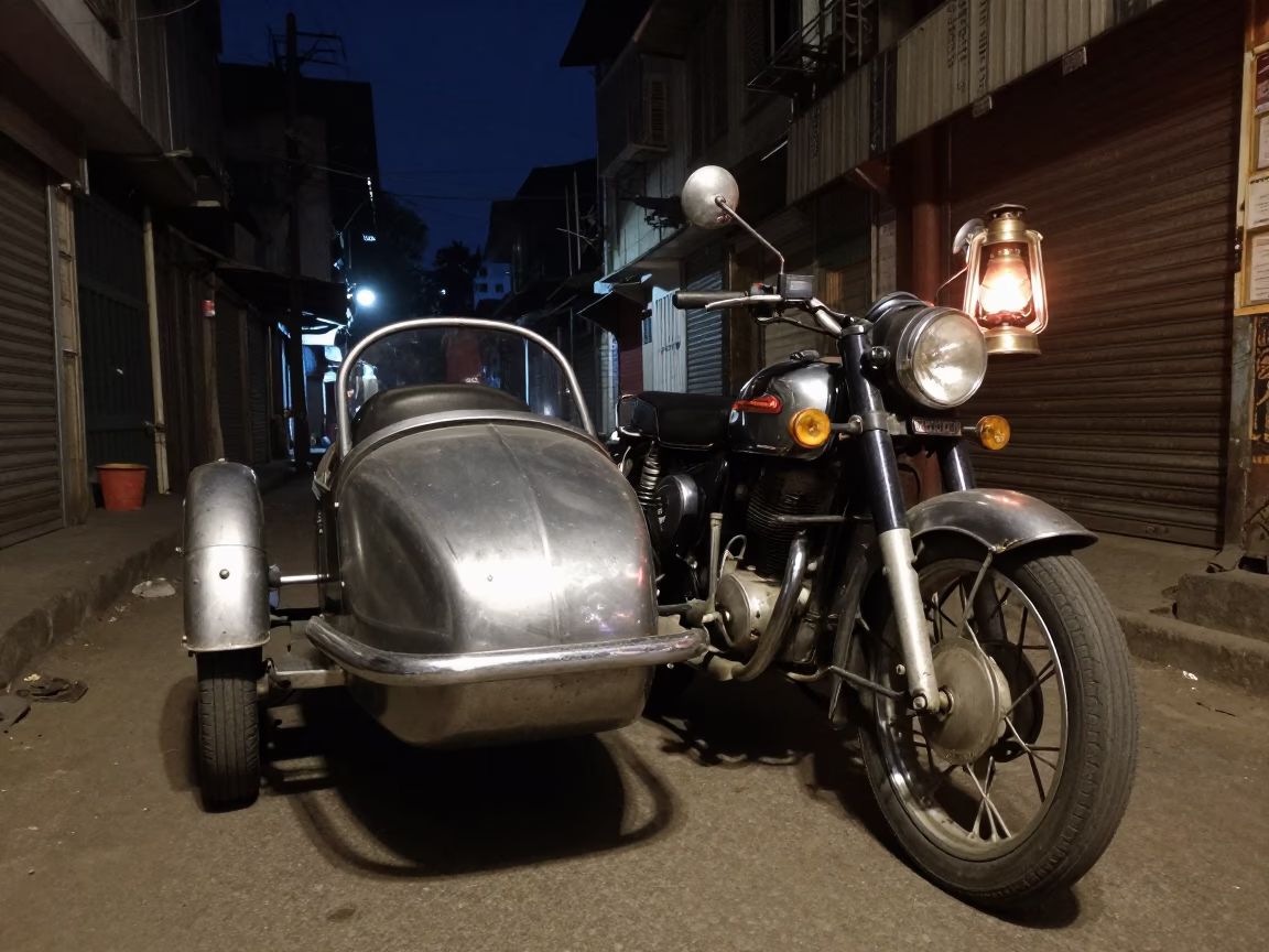 Mumbai Night Street Scene with Vintage Motorcycle Sidecar and Oil Lamp under Deep Sky in in Mumbai, India