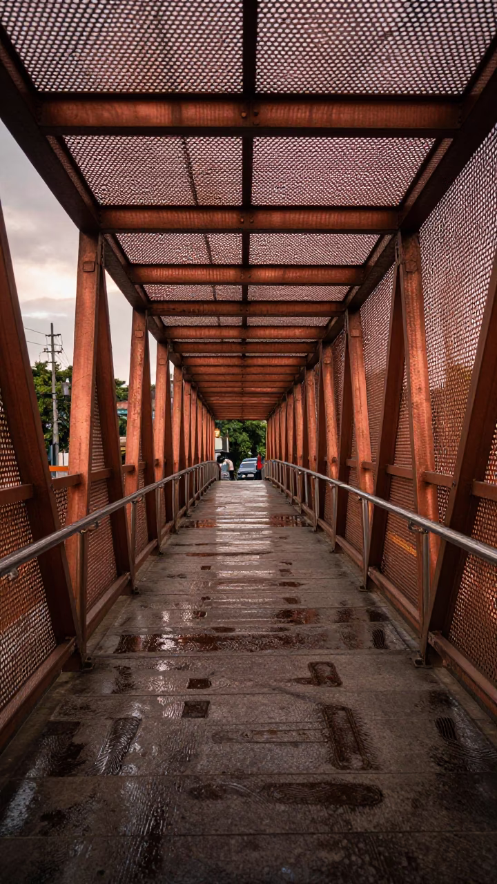 Mumbai Pedestrian Overpass Perforated Metal Wet Footsteps Copper Dusk Light in in Mumbai, India