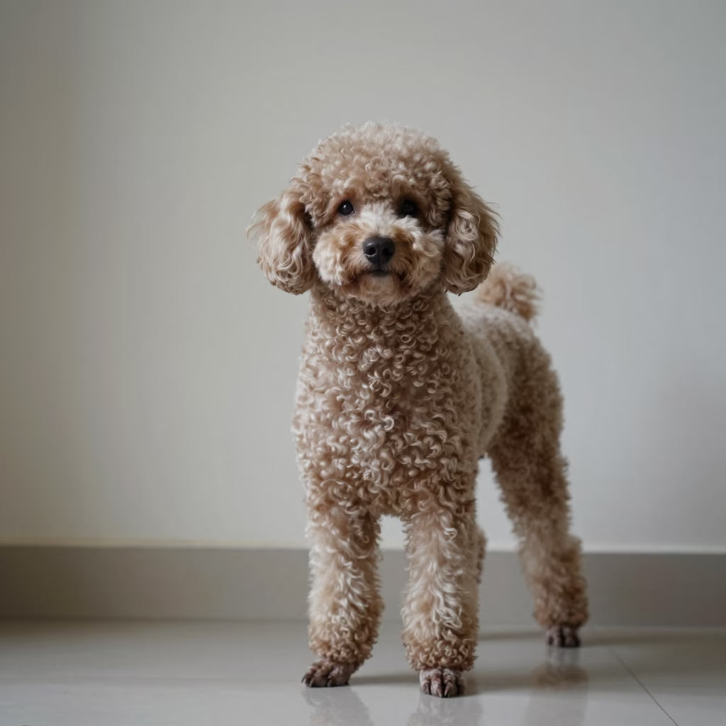 Mumbai Poodle Portrait by Plain Wall in beside a plain plaster wall in soft indoor light with the animal centered in frame in Mumbai