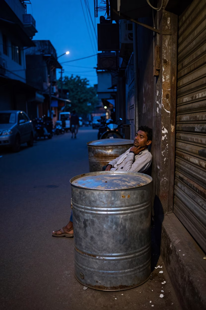 Mumbai Pre-Dawn Street Scene with Sleeping Worker and Storage Tin in in Mumbai, India
