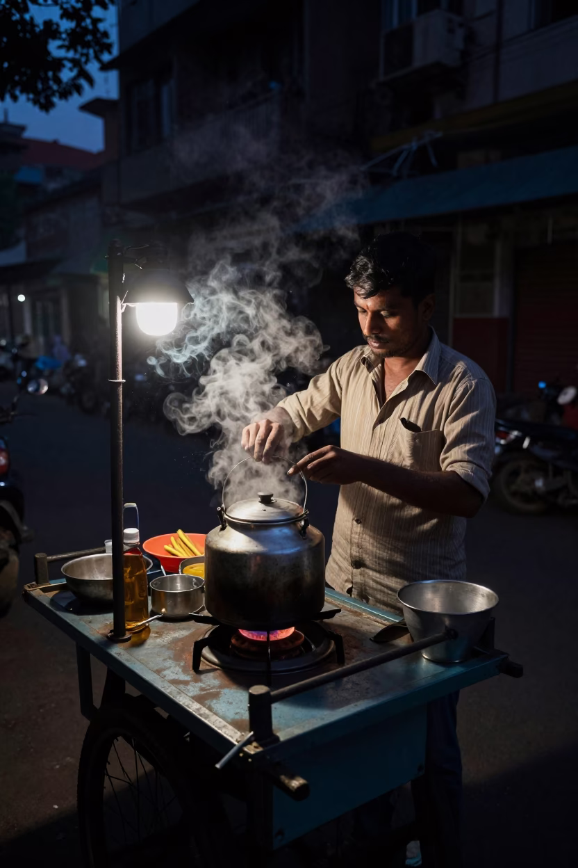 Mumbai Preparing Chai at The Predawn Darkness Light in in Mumbai, India