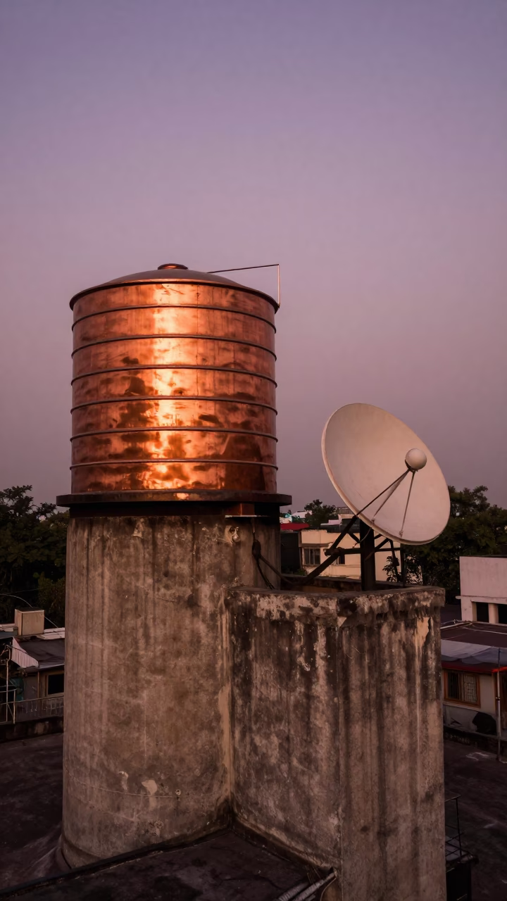 Mumbai Rooftop Water Tower and Satellite Dishes in Copper Dusk Light in in Mumbai, India