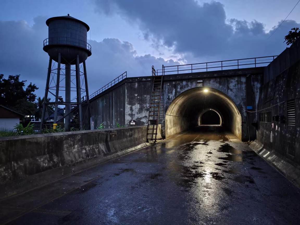 Mumbai Service Tunnel Junction Twilight Sea Spray in beside a water tower ladder near Mumbai