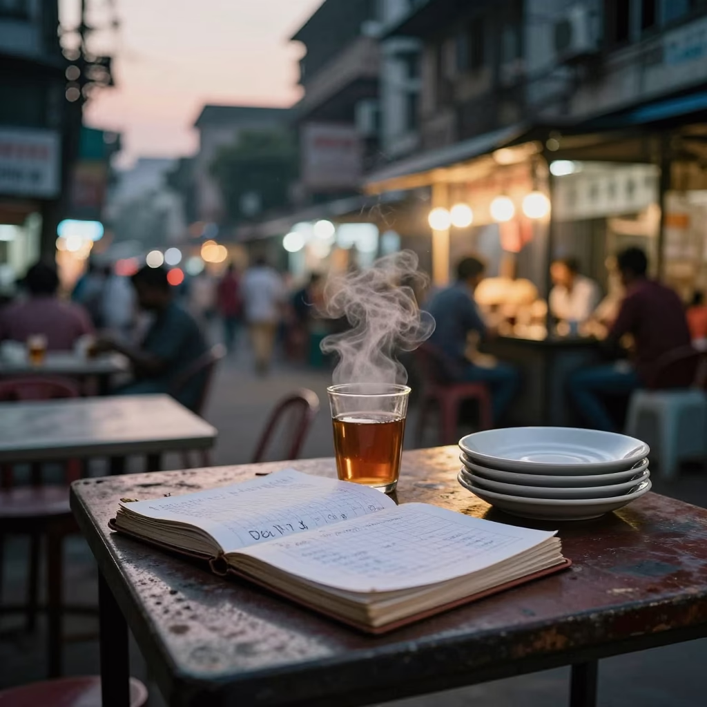 Mumbai street cafe evening with tea steam and ledger near city lights in in Mumbai, India
