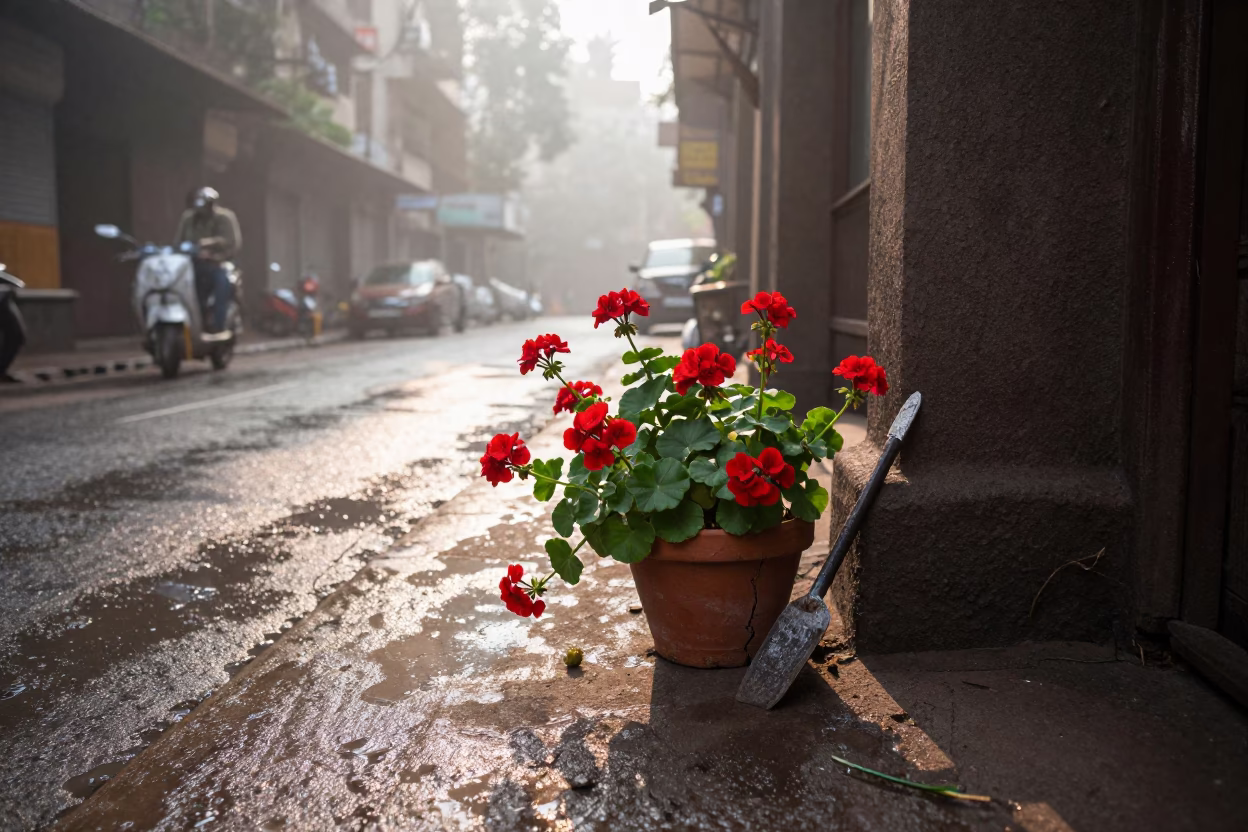 Mumbai street corner after rain with geraniums and boot scraper in in Mumbai, India