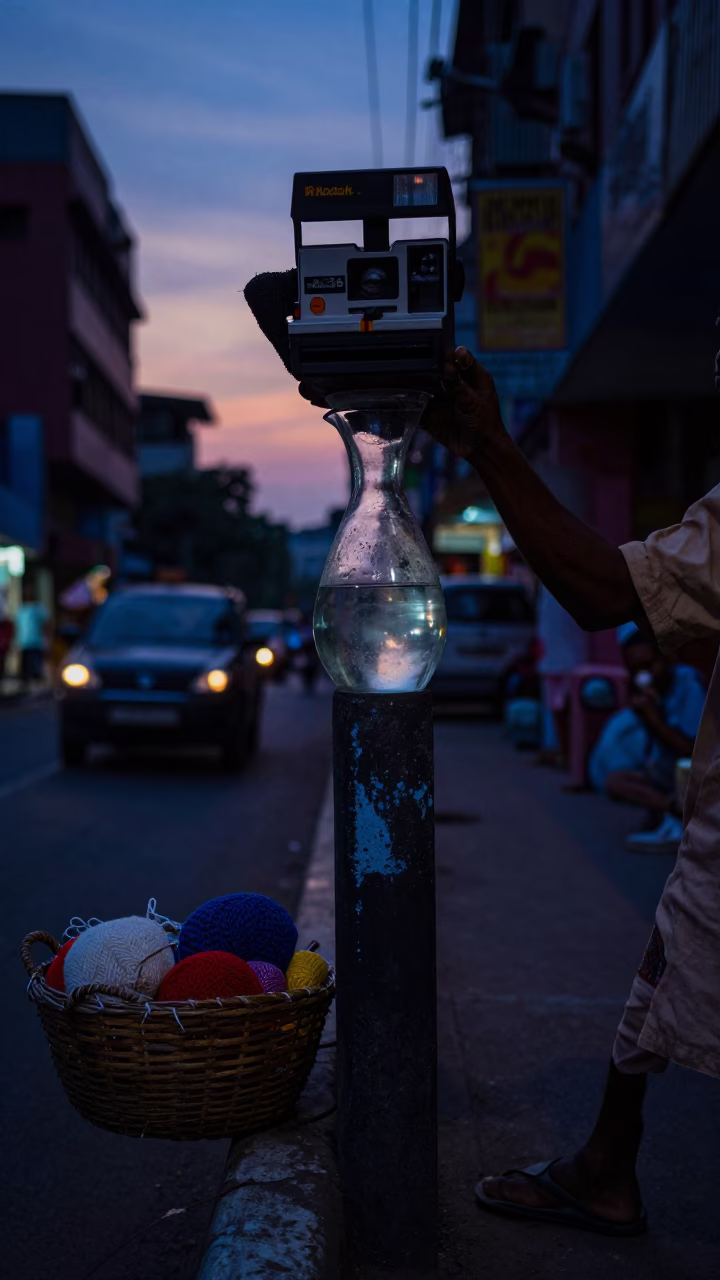 Mumbai Street Corner at Indigo Twilight with Knitting Basket and Glass Carafe in in Mumbai, India