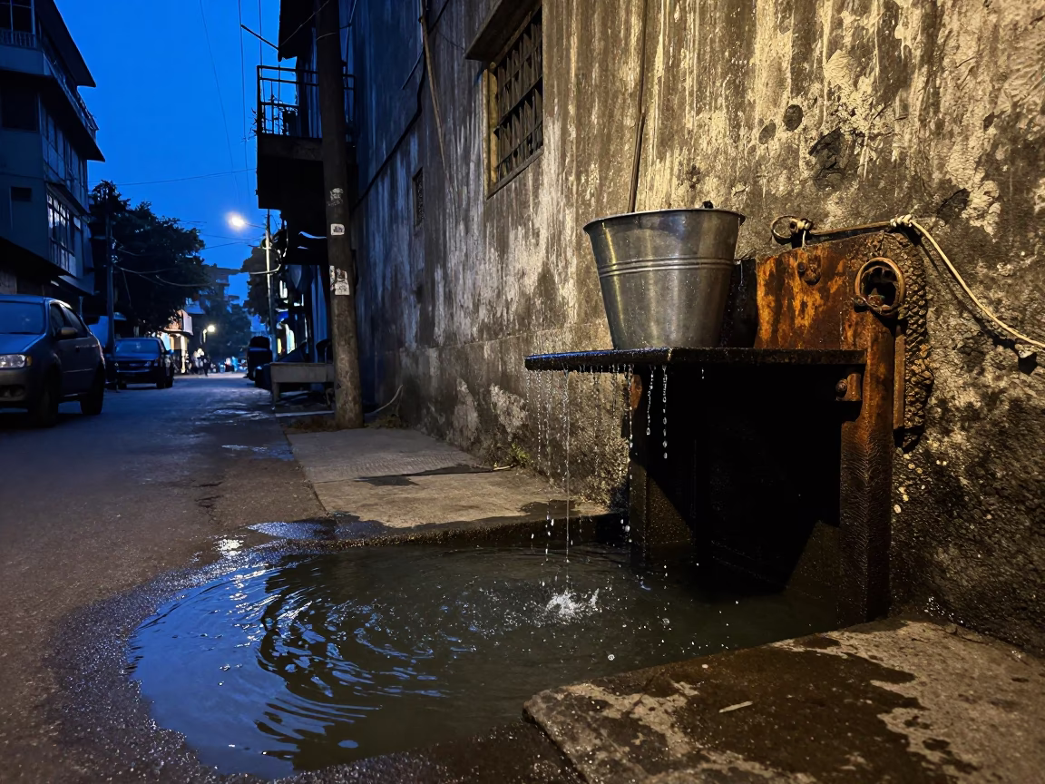 Mumbai Street Corner Dusk Metal Bucket Dripping Canal Edge in in Mumbai, India