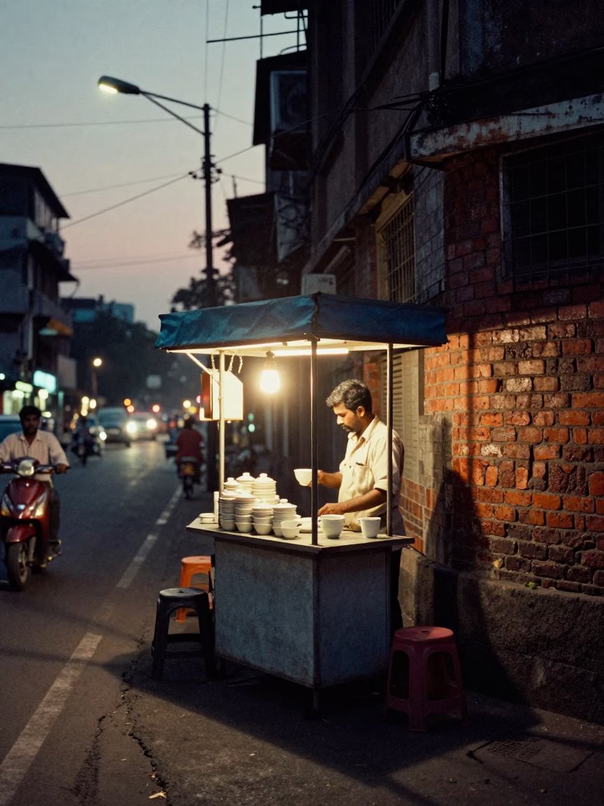 Mumbai Street Corner Evening with Cup and Brick Wall Details in in Mumbai, India