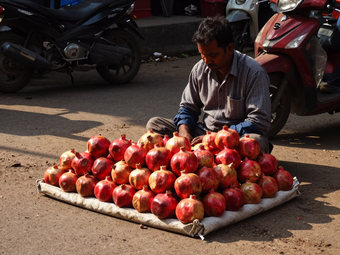 Mumbai Street Corner Late Afternoon Life with Pomegranate Vendor and Traditional Architecture in in Mumbai, India