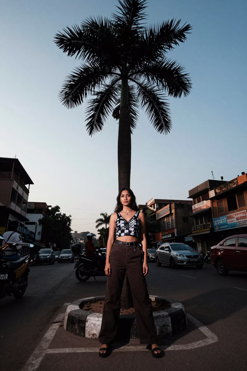 Mumbai Street Fashion Portrait with Palm Silhouette in Late Afternoon Light in in Mumbai, India
