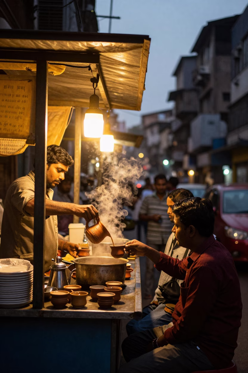 Mumbai Street Food Stall at Dusk with Masala Chai and Highway Flyover in in Mumbai, India