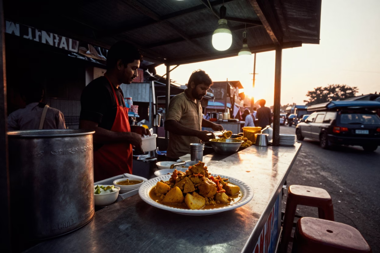 Mumbai Street Food Stall at Sunset with Curry and Local Interaction in in Mumbai, India