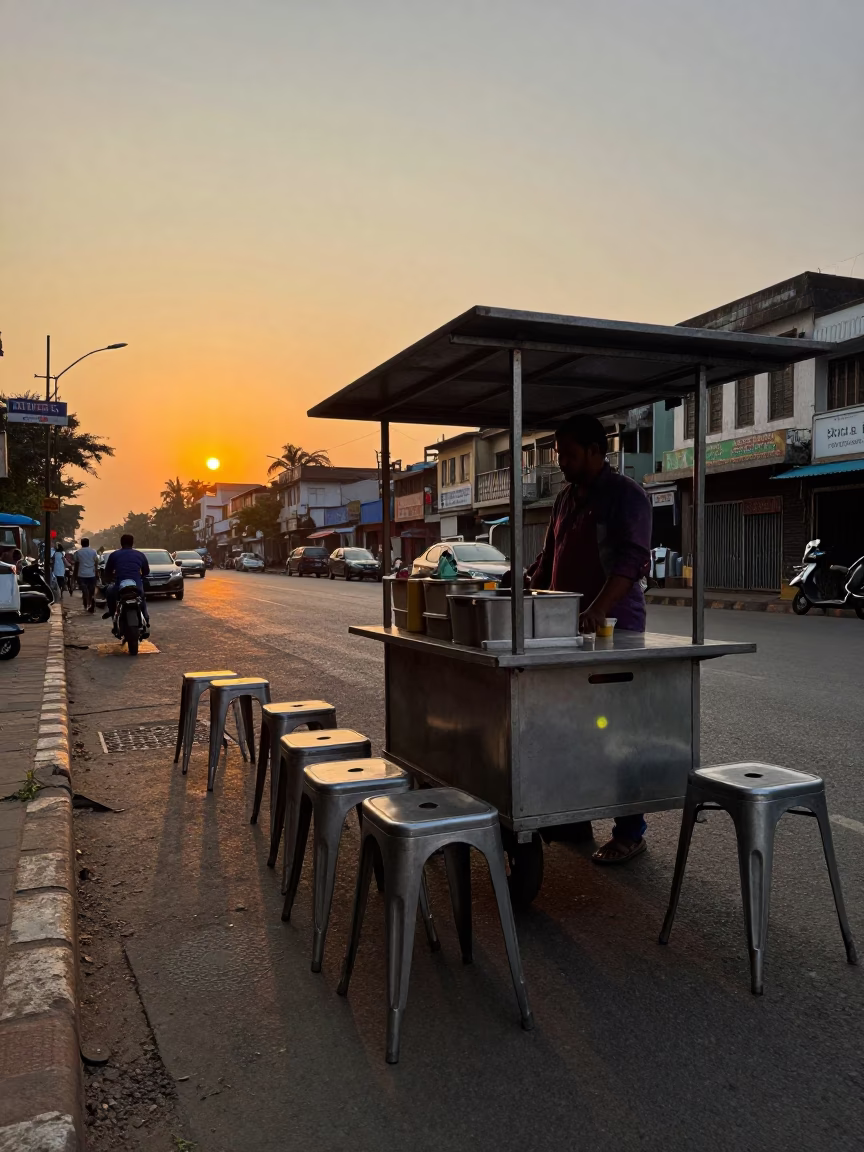 Mumbai Street Food Stall at Sunset with Metal Stools and Condensed Milk Shaved Ice in in Mumbai, India