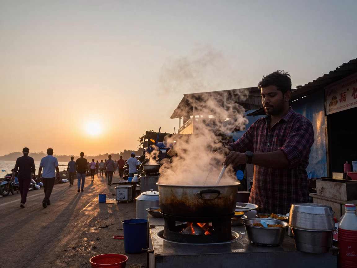 Mumbai Street Food Stall at Sunset with Steaming Hotpot and Glass Cup in in Mumbai, India