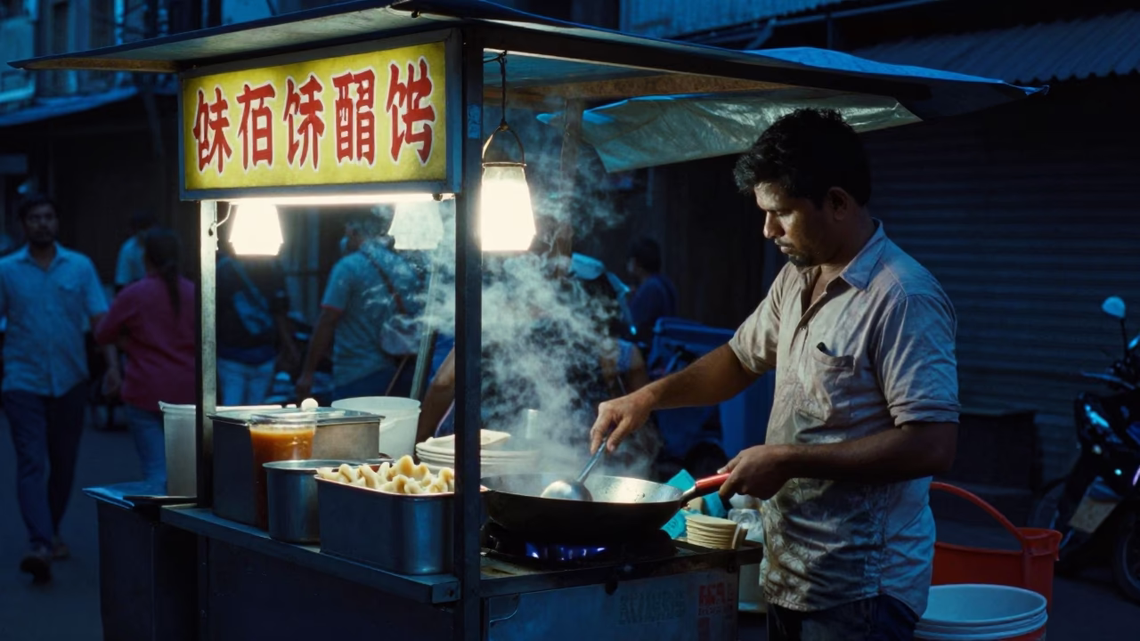 Mumbai Street Food Stall Evening Light with Wonton Soup and Salt Shaker in in Mumbai, India