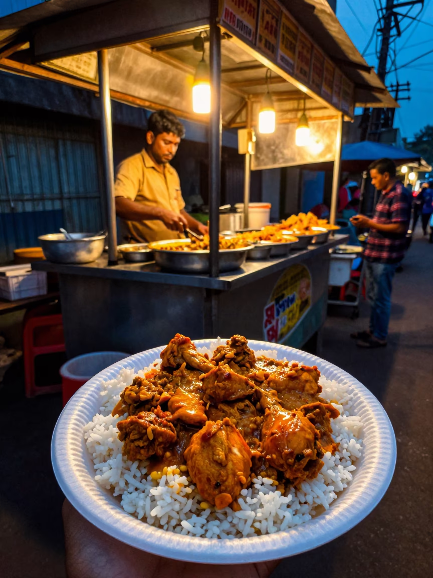 Mumbai street food stall serving spicy chicken curry and rice under indigo twilight in in Mumbai, India