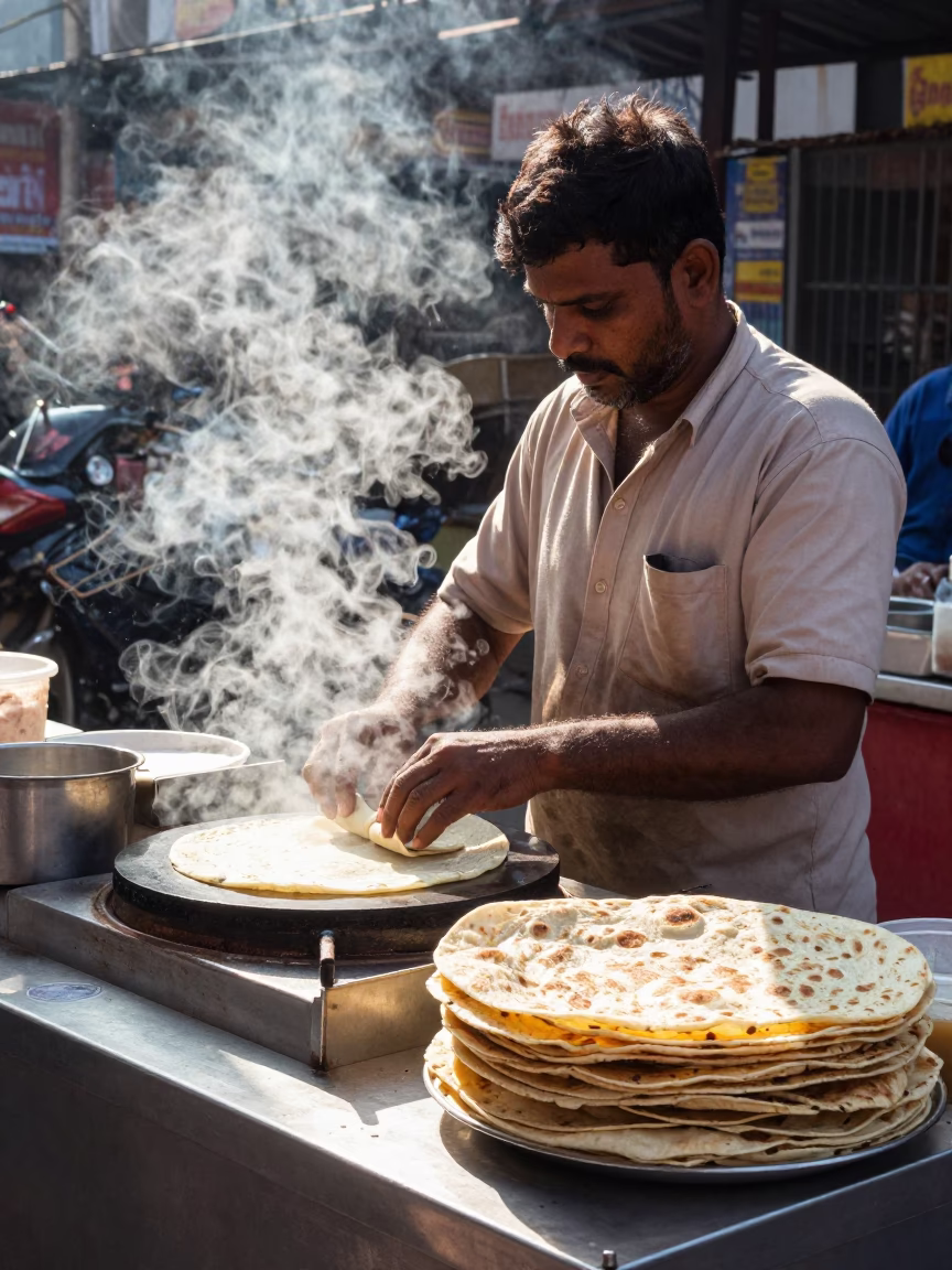 Mumbai Street Food Stall Vendor Serving Fresh Roti and Chutney in Bright Midmorning Light in in Mumbai, India