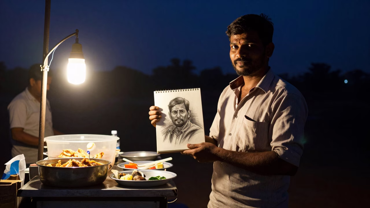Mumbai Street Food Vendor at Night with Charcoal Sketchbook and Pigeons in in Mumbai, India
