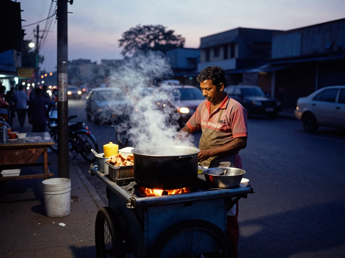 Mumbai Street Food Vendor Cooking Nyama Choma Under Indigo Twilight Streetlights in in Mumbai, India