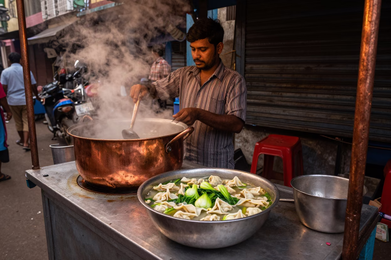 Mumbai Street Food Vendor Cooking Wonton Soup in Copper Toned Dusk Light in in Mumbai, India