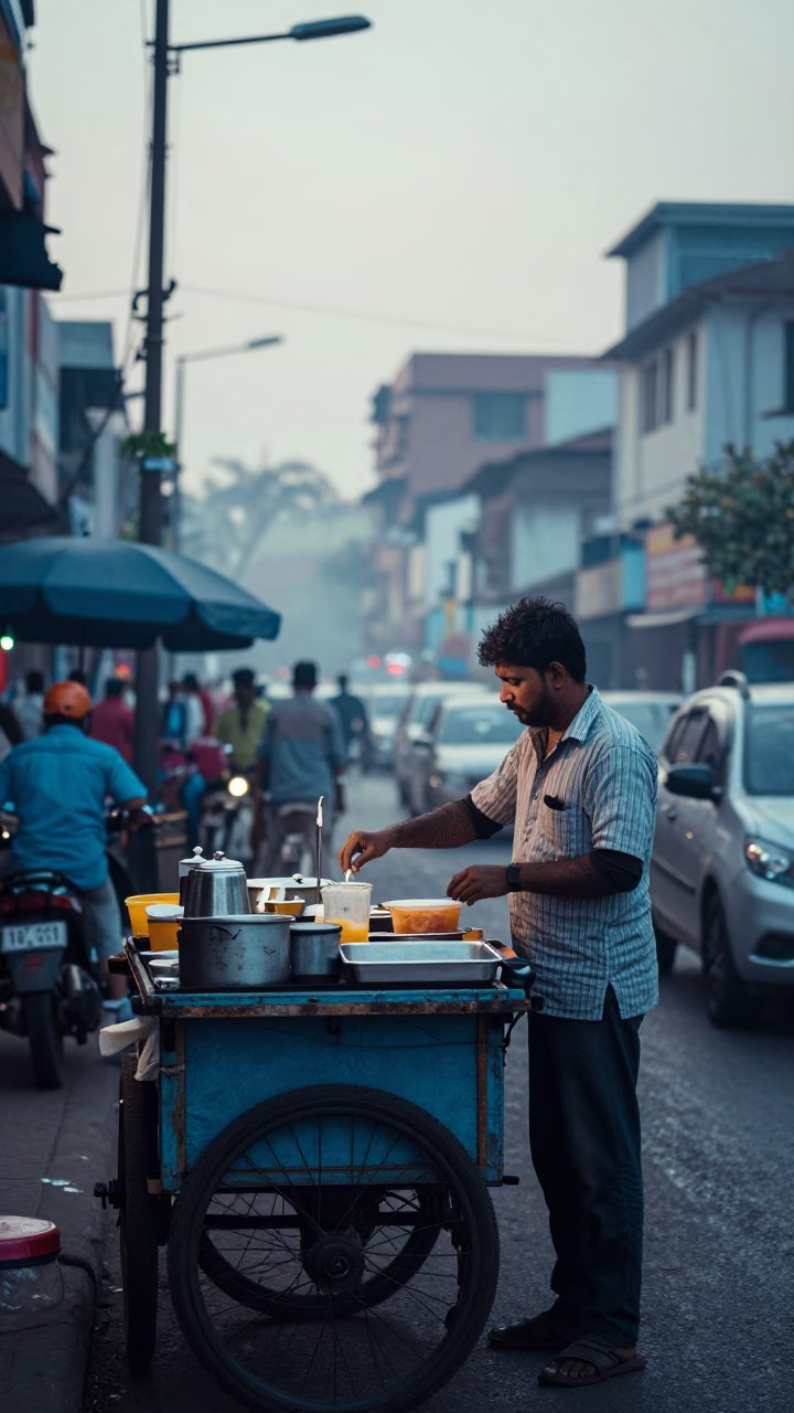 Mumbai Street Food Vendor Early Morning Breakfast Setup with Steam and Tea in in Mumbai, India